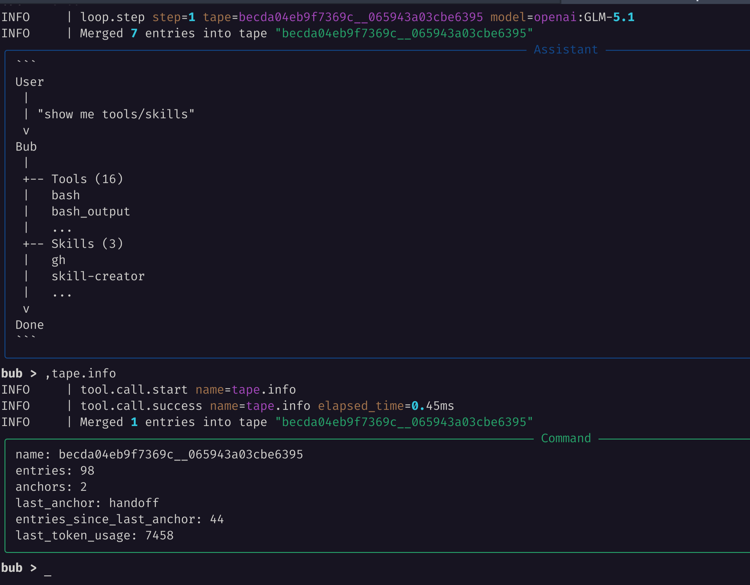 A terminal screenshot showing tape.info after a Bub task run